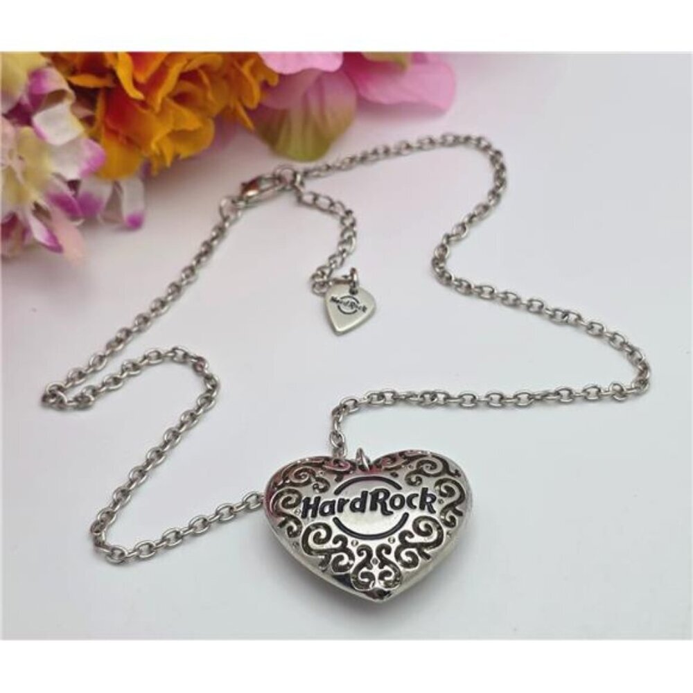 Hard Rock Cafe Heart Necklace Silver Tone Clear Crystal 20 in Adj. Reversible